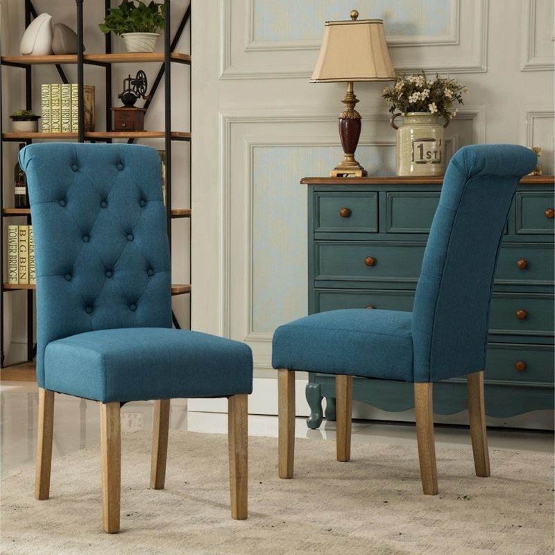 Roundhill Furniture Habit Solid Wood Tufted Parsons Dining Chair, Blue, Set of 2