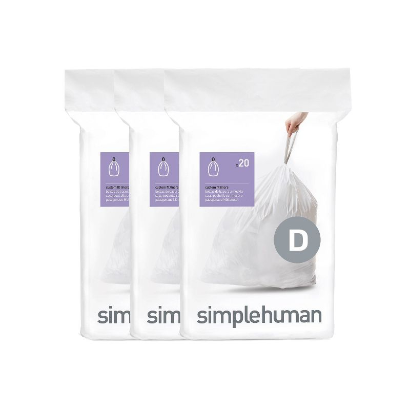 simplehuman 20L Code D Custom Fit Kitchen Trash Bag Liners 3 Quick Dispense Packs - 60ct: Tall Kitchen, Drawstring, White