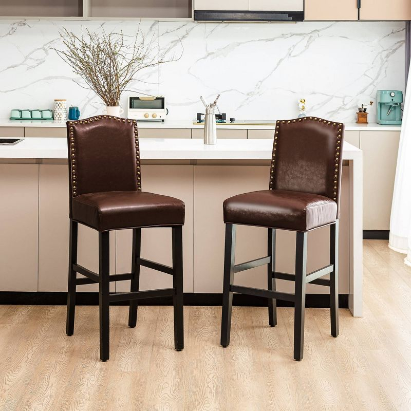 Glitzhome Set of 2 Leatherette PU Barstools with Studded Decor Coffee Brown: Upholstered High Back, Kitchen Counter Height
