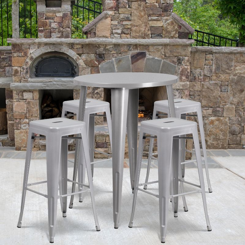 Flash Furniture Commercial Grade 30" Round Silver Metal Indoor-Outdoor Bar Table Set with 4 Square Seat Backless Stools
