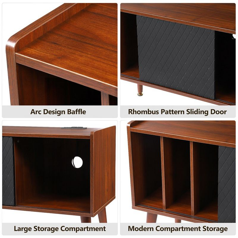 Record Player Stand with Charging Station, Vinyl Record Storage Cabinet with Sliding Door