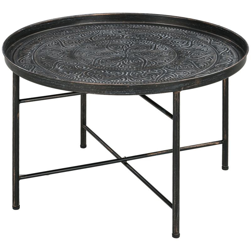 HOMCOM 24" Round Coffee Table with Hammered Tray Top, Vintage Metal Center Table for Living Room, Bedroom, Side Table, Pewter