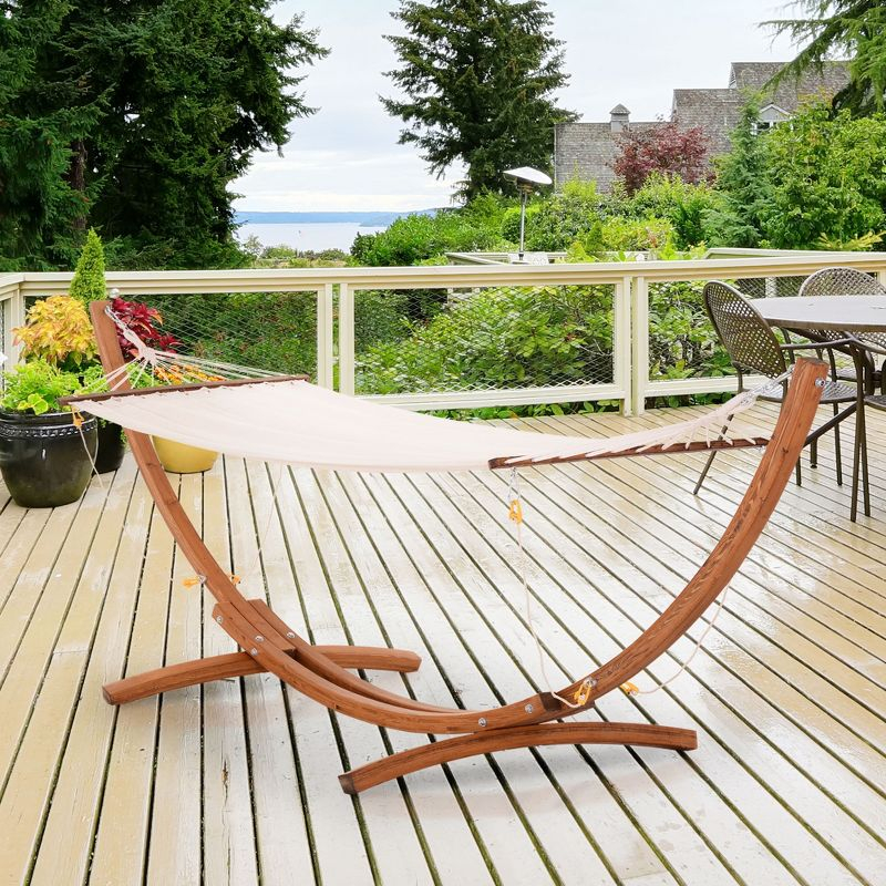Outsunny Outdoor Hammock with Stand, Heavy Duty Wooden Frame, No Tree Needed, Indoor Outside Boho Style Nap Bed, Natural Cotton, White