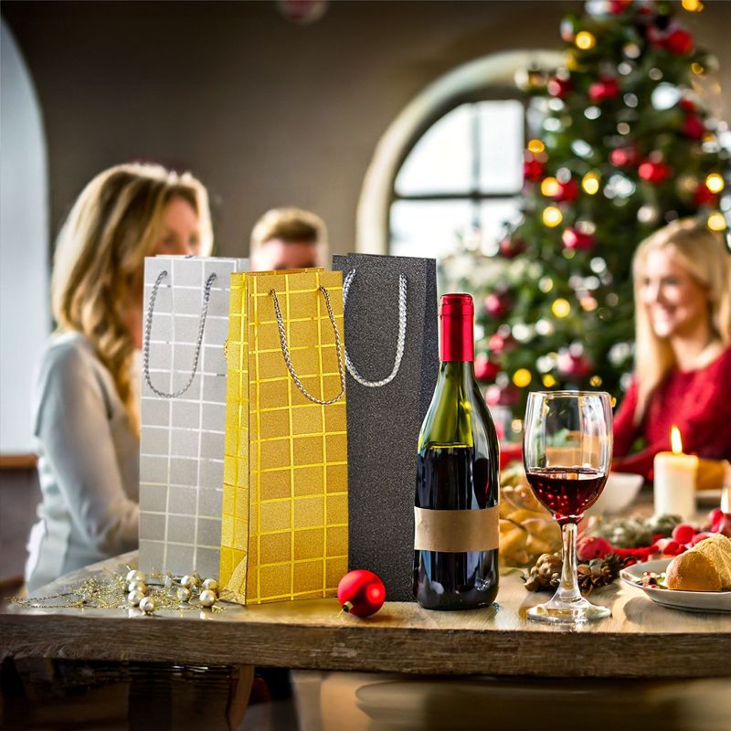 Juvale 6 Pack Foiled Glitter Wine Bottle Gift Bags with Handles for Holidays, New Years, Birthdays, Silver, Black, Gold, 3.8 x 14 x 3.3 n