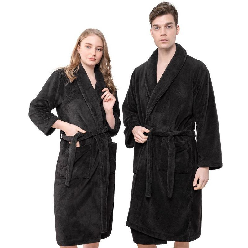 American Soft Linen Warm Fleece Bathrobe, Mens and Womens Robes, 1 Piece Shawl Collar  Adult Matching Couple Robes for your Bathroom, Xlarge, Black