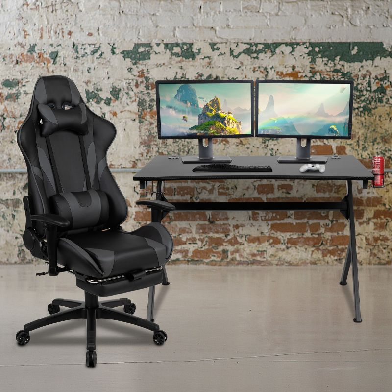 Flash Furniture Black Gaming Desk and Gray Footrest Reclining Gaming Chair Set with Cup Holder, Headphone Hook & 2 Wire Management Holes