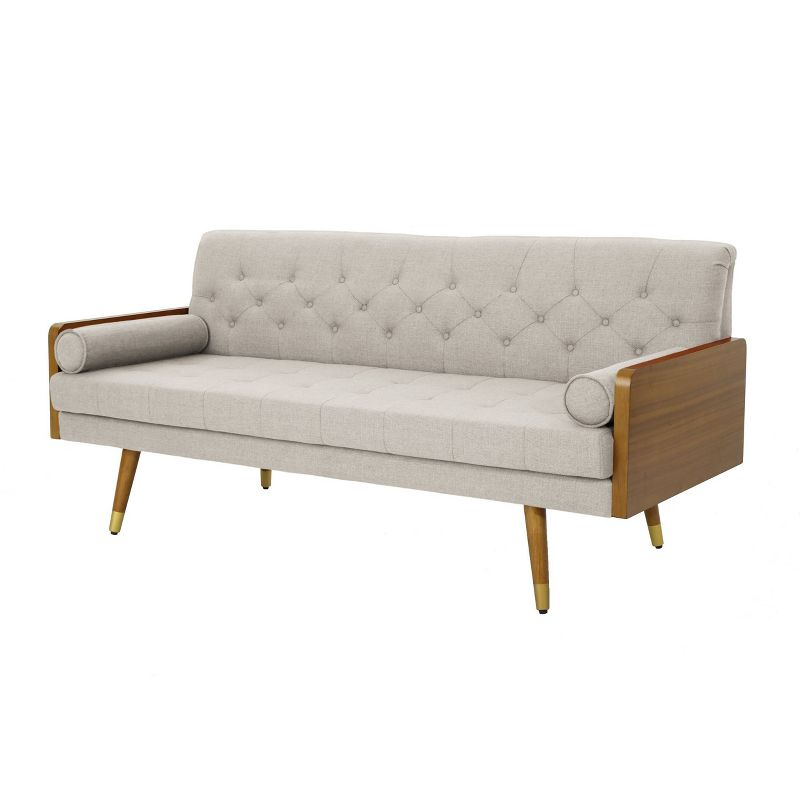 GDFStudio Aidan Mid Century Modern 72.25" Tufted Upholstered 3 Seater Sofa，Beige/Dark Walnut/Gold