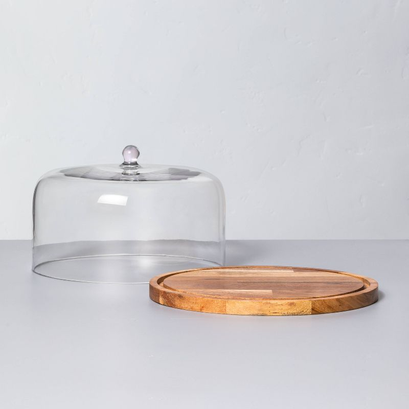 9" Wood & Glass Covered Dessert Storage Brown - Hearth & Hand™ with Magnolia: Acacia Cake Display Stand, Hand Wash