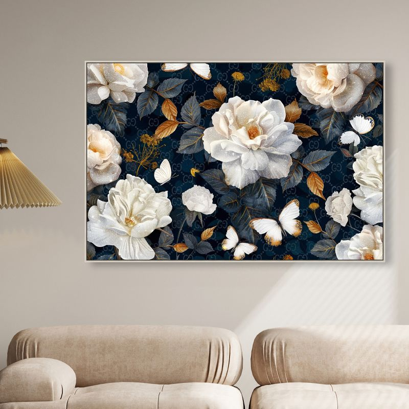 Art Remedy Navy Elegance Floral Elegant realistic Floral Wall Art, 54" x 36", Silver Frame