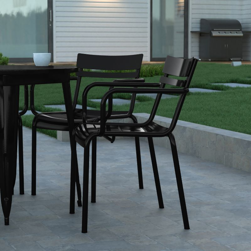 Emma and Oliver Set of 2 Powder Coated Steel Stacking Dining Chairs with Arms and 2 Slat Backs for Indoor-Outdoor Use in Black