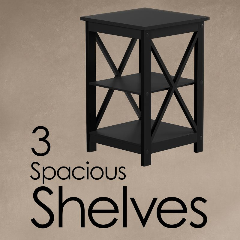 Lavish Home End Table with Two Shelves, X-Leg Design, and Wooden Stand, Black
