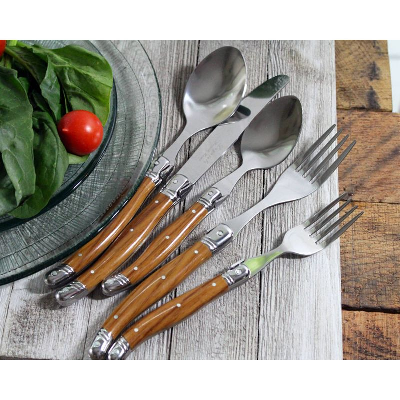 20pc Stainless Steel Laguiole Wood Grain Flatware Set Brown - French Home: Silverware Set, Ergonomic Grip, Service for 4