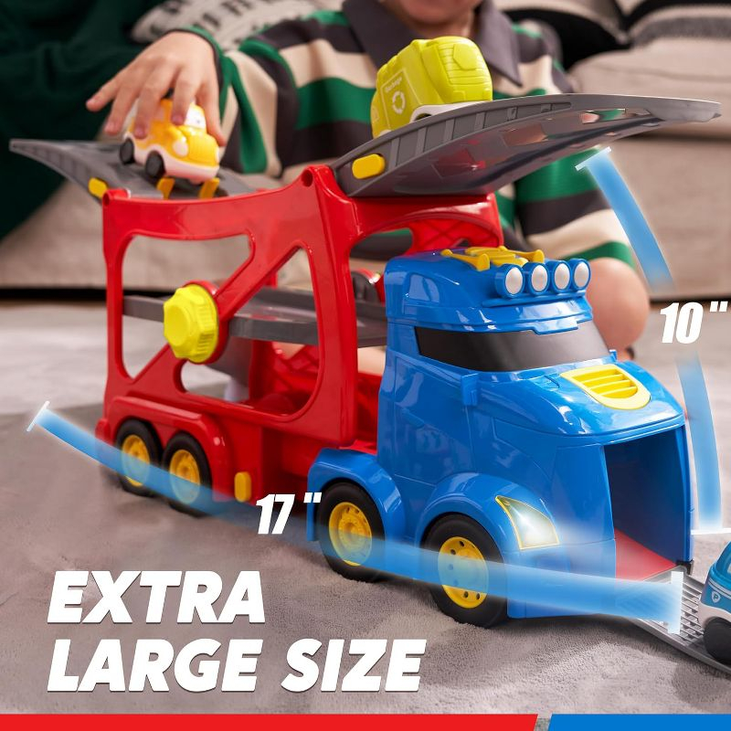Joyfy 7-in-1 Extra Large City Truck Toys, 17” Big Transport Carrier Truck with Sounds and Lights, Easter Birthday Gifts for Boys Girls 3+ Years Old