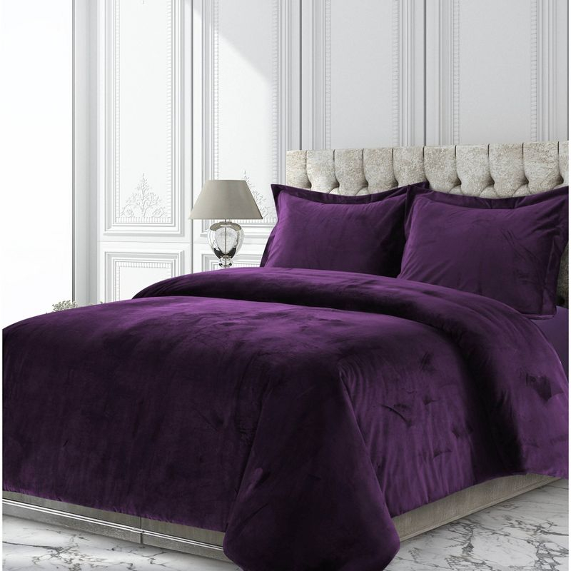 3pc Queen Venice Velvet Oversized Solid Duet Set Purple - Tribeca Living: Luxurious Polyester, Reversible, OEKO-TEX Certified