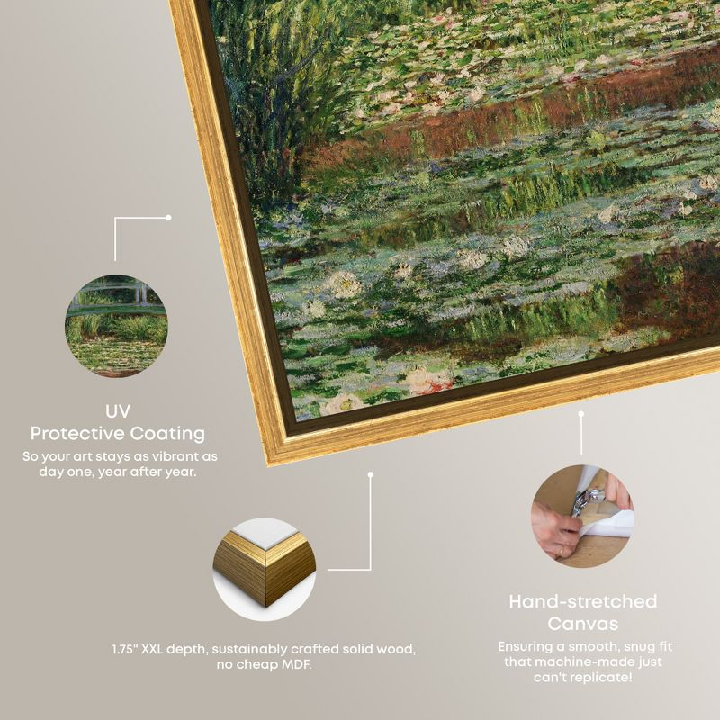 Monet - The Japanese Footbridge and the Water Lily Pool Giverny Canvas Impressionism Wall Art by Art Remedy, Gold Frame, 40" x 40"