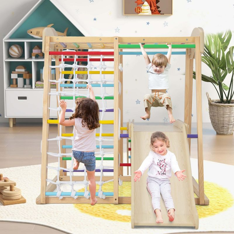 Costway 6-in-1 Indoor Jungle Gym Wooden Playground Climber Playset for Kids 1+ Years Natural