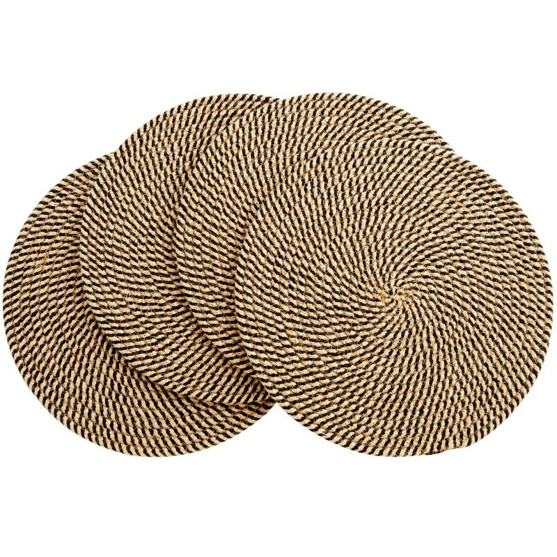 Farmlyn Creek Set of 4 Round Jute Placemats for Table, Woven Charger Mats for Plates (Blue and Tan Pattern, 13 in)