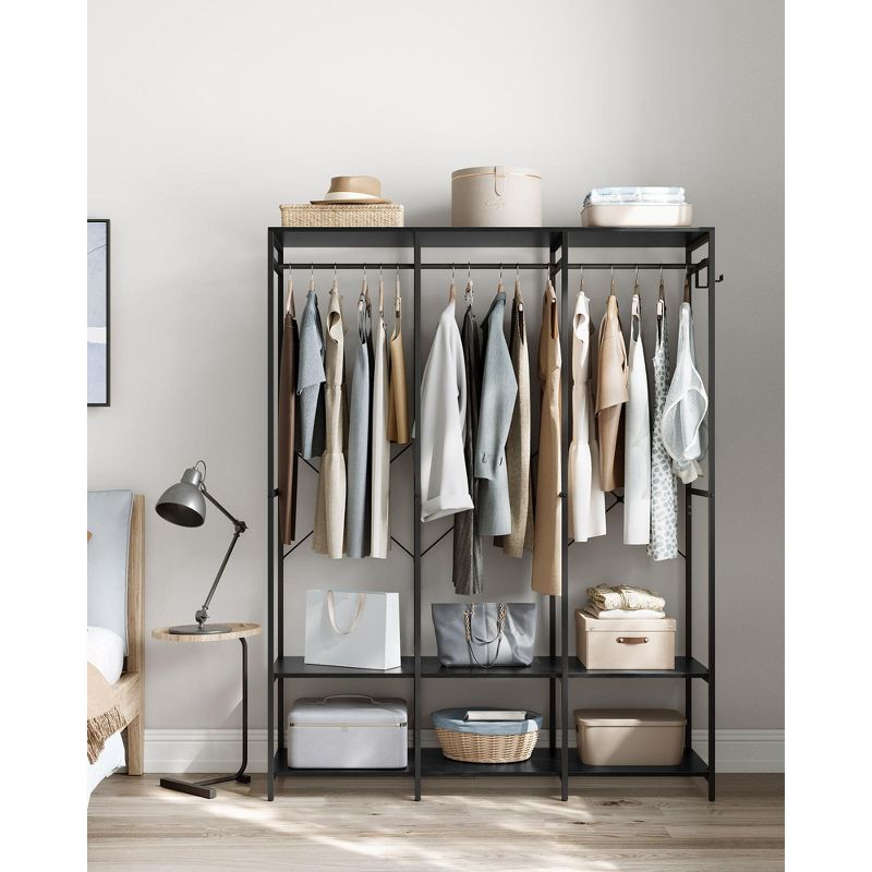 SONGMICS Clothes Rack, Iron and Wood Wardrobe Closet Organizer, Heavy Duty Garment Rack with Hanging Rods, Ebony Black