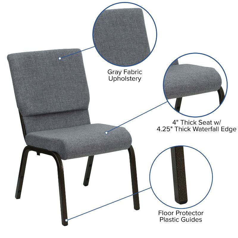 Emma and Oliver 18.5"W Stacking Church Chair in Gray Fabric - Gold Vein Frame