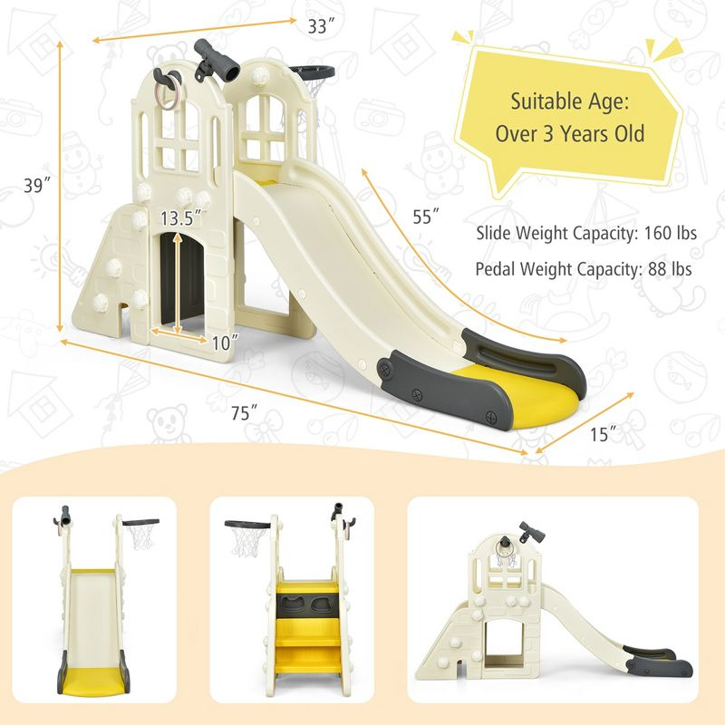 Costway 6-In-1 Large Slide for Kids Toddler Climber Slide Playset w/ Basketball Hoop Yellow