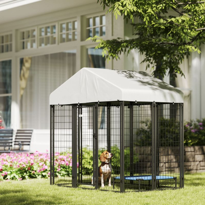 PawHut Outdoor Dog Kennel with Roof, Welded Wire Dog Playpen Enclosure with Escape-proof Lock, UV-Resistant & Waterproof Cover, 5.9' x 4' x 6', Silver