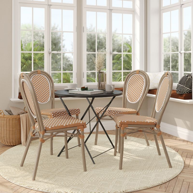 Flash Furniture 4 PK Lourdes Indoor/Outdoor Commercial Thonet Bistro Stack Chair, Natural/White PE Rattan & Bamboo Print Aluminum Frame in Light Nat
