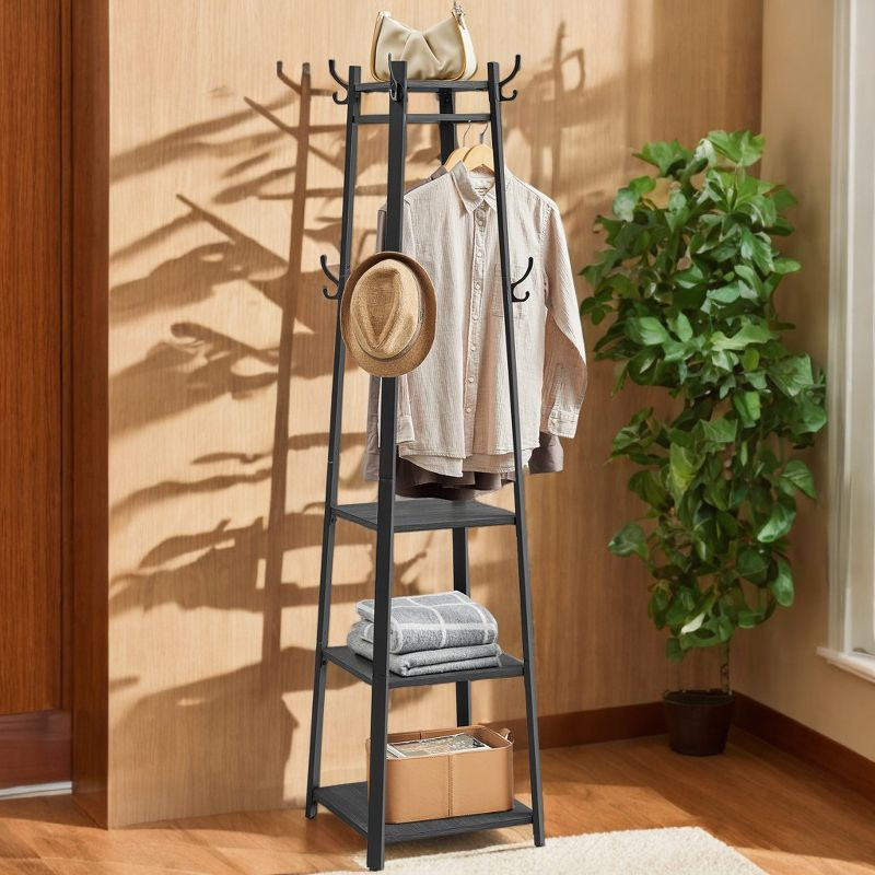 Industrial Style Coat Rack with Shelves and Hooks - Free-Standing Hall Tree for Entryway and Living Room