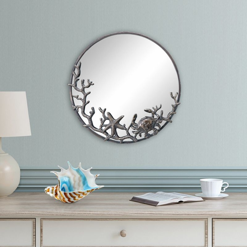 SPI Home Starfish and Crab Wall Mirror – 22" Round Cast Iron Frame with Coastal Marine Design, Rustic Bronze Sea Life Decor