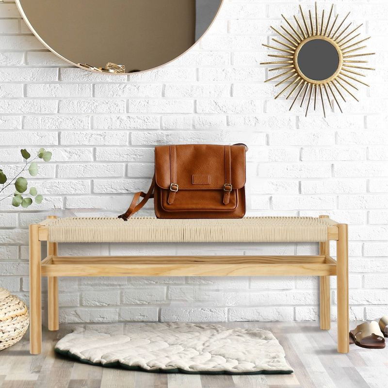 Storied Home Fernway Solid Wood and Woven Rope Entryway Bench Cream: Scandinavian Design, Pine Frame, 43.25" Long