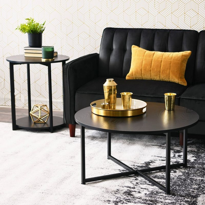 Household Essentials Jamestown Round End Table Black Oak: Modern Style, 24-Inch Height, Iron Frame