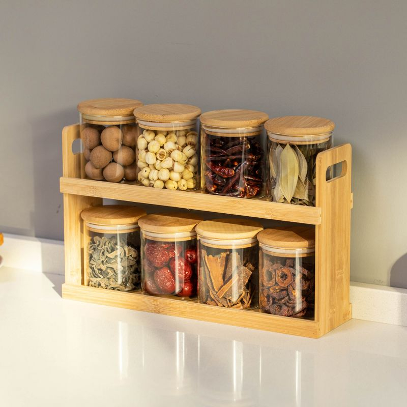 Basicwise 2-Tier Bamboo Spice Rack & Pantry Organizer with 8 Glass Jars.Perfect for Storage in Kitchens to Keep Seasoning Containers Neatly Displayed