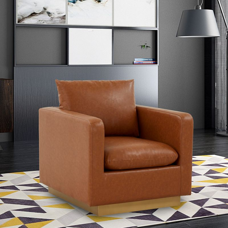LeisureMod Nervo Accent Arm Chair Upholstered in Faux Leather with Gold Stainless Steel Frame in Cognac Tan