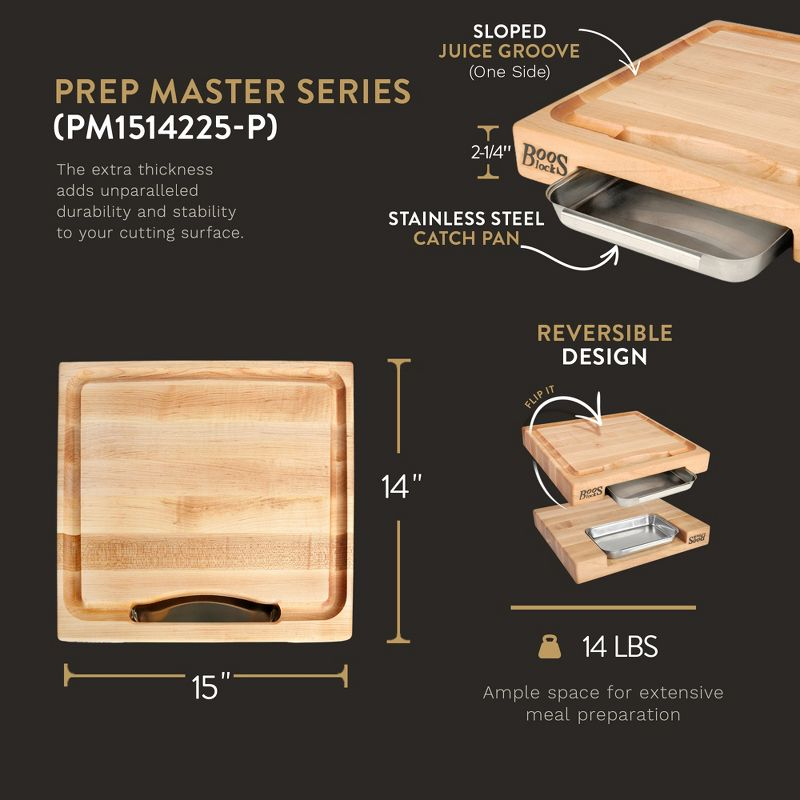 John Boos Boos Block Newton Prep Master Reversible Wood Cutting Board with Juice Groove and Pan, 2.25-Inch Thickness, 15" x 14" x 2 1/4", Maple