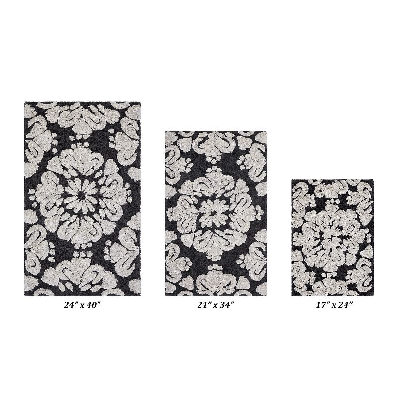 Better Trends Medallion 100% Cotton Tufted Non- Slip Backing 3 PC (17"x24"|21"x34"|24"x40") Bath Rug Set - Charcoal
