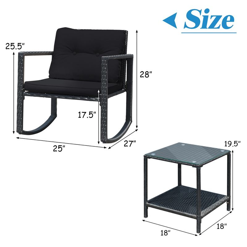 Costway 3PCS Patio Rattan Furniture Set Rocking Chairs Cushioned Sofa Black