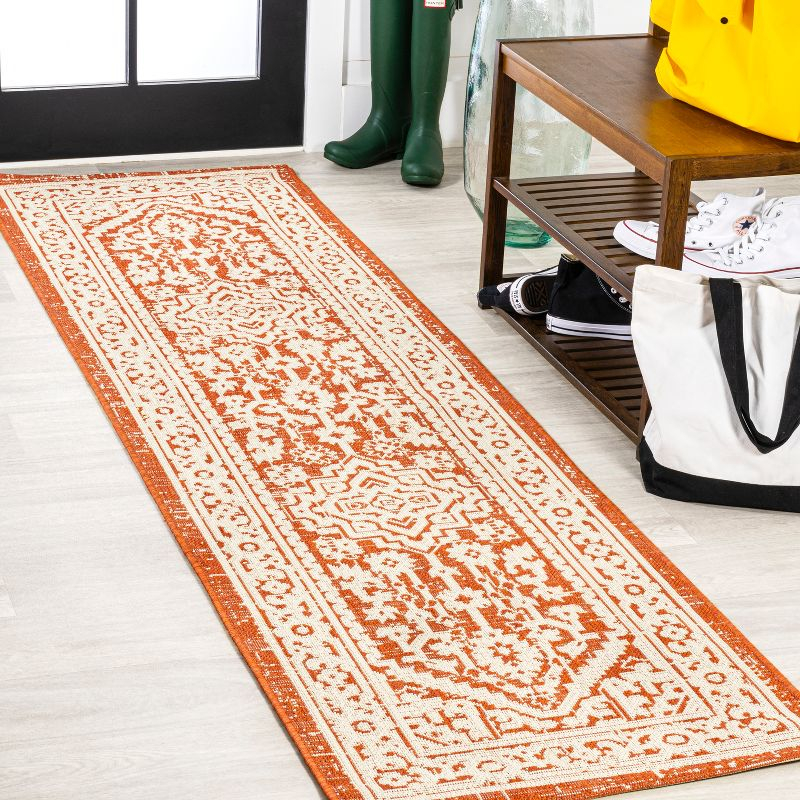 2' x 8' Sinjuri Medallion Textured Weave Indoor/Outdoor Runner Rug, Orange/Cream - JONATHAN Y