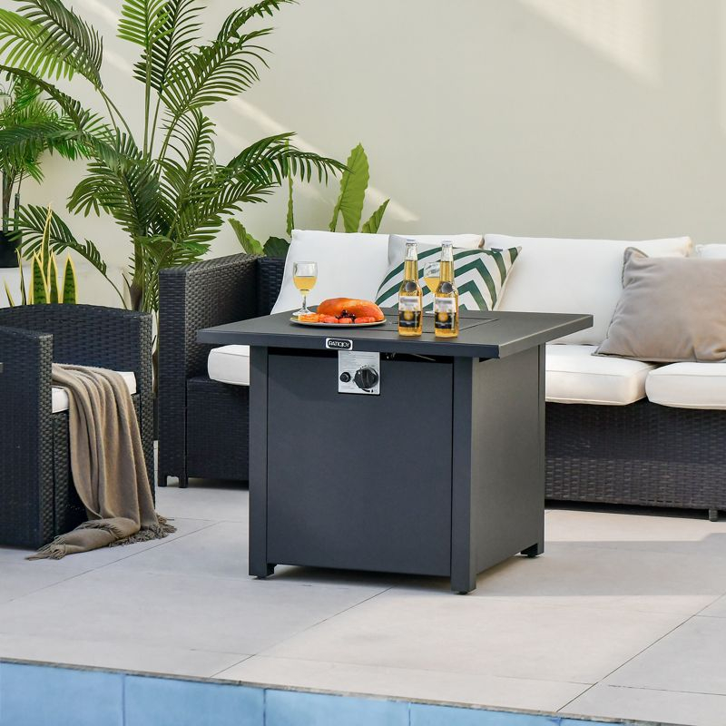 Tangkula 32 Inch Patio Propane Gas Fire Table 50,000 BTU Square Fire Pit Table w/ Clear Glass Rocks & PVC Protective Cover