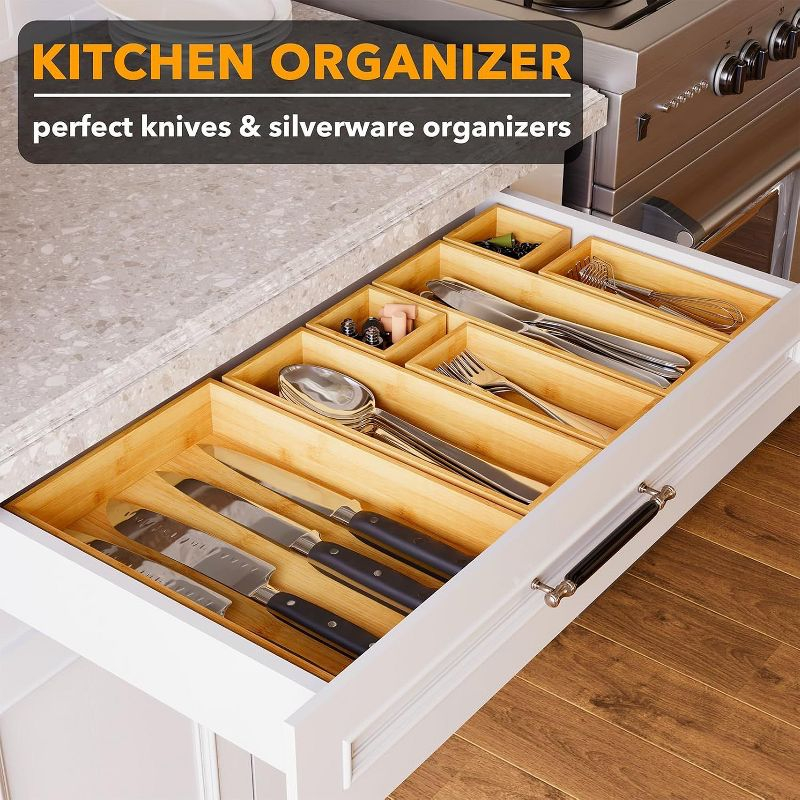 7-Piece Bamboo Drawer Organizer Set – Multi-Use Divider Bins for Kitchen, Bathroom, Office, and Makeup Storage, Natural