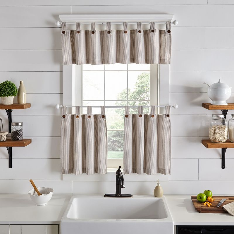 Tucker Ticking Stripe Button Tab Top Window Kitchen Tier Set of 2 - 30" x 24" - Linen - Elrene Home Fashions
