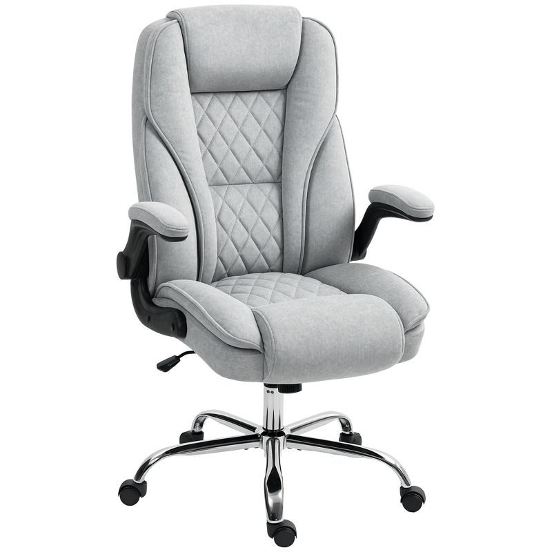 HOMCOM Executive Office Chair, Fabric Comfy Computer Desk Chair with Swivel Wheels, Flip-up Armrest, Adjustable Height, Gray