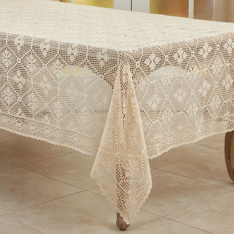 Saro Lifestyle Vintage Tablecloth With Crochet Design, Ecru, 65" x 88"