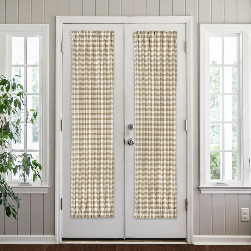 Kate Aurora Plaid Country Farmhouse French Door Curtain Panel With Matching Tieback - 25W x 40L, Linen