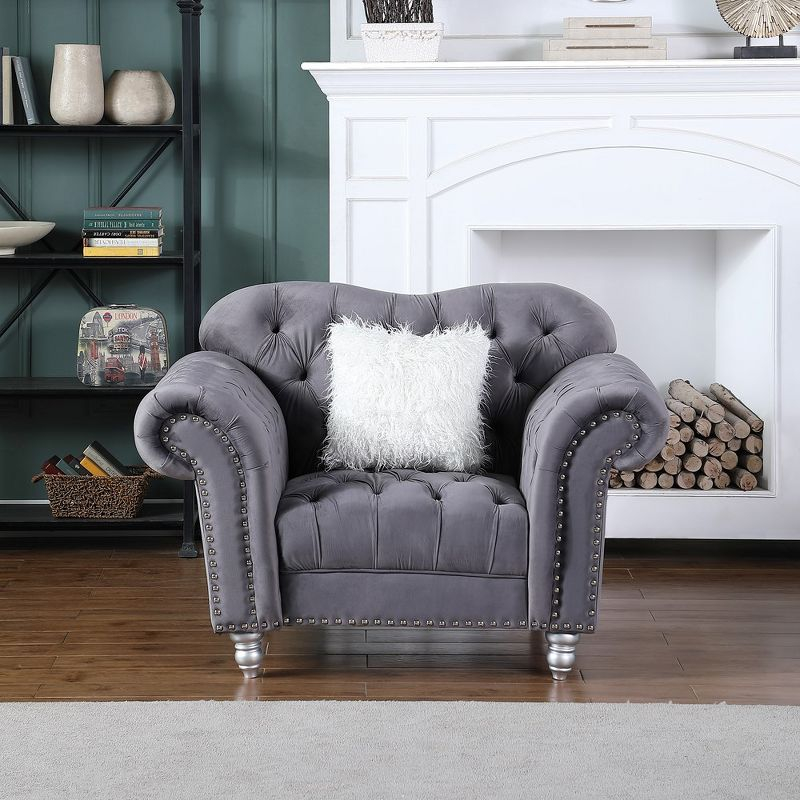Velvet Accent Chair Gray Luxury Classic America Chesterfield Tufted Camel Back Armchair - Morden Fort