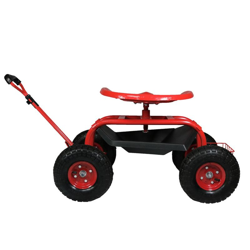 Sunnydaze Outdoor Heavy-Duty Steel Rolling Gardening Cart with Extendable Steer Handle, Swivel Chair, Tool Tray, and Basket - Red