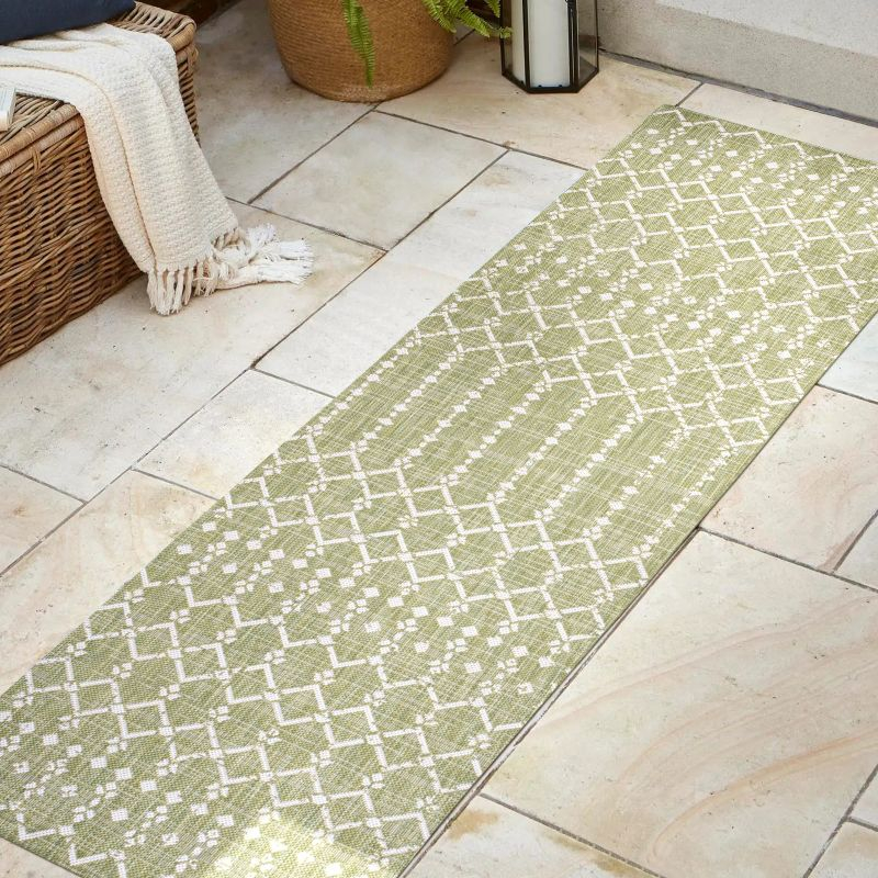 2' x 10' Ourika Moroccan Geometric Textured Weave Indoor/Outdoor Runner Rug, Light Green/Cream - JONATHAN Y