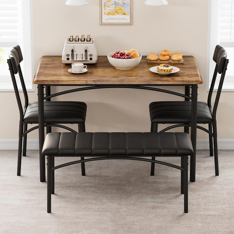 Garvee 4-Person Dining Set, Upholstered Chairs & Bench, Rectangular Kitchen Table Set for Small Space, Apartment, Home, Studio, Rustic Brown