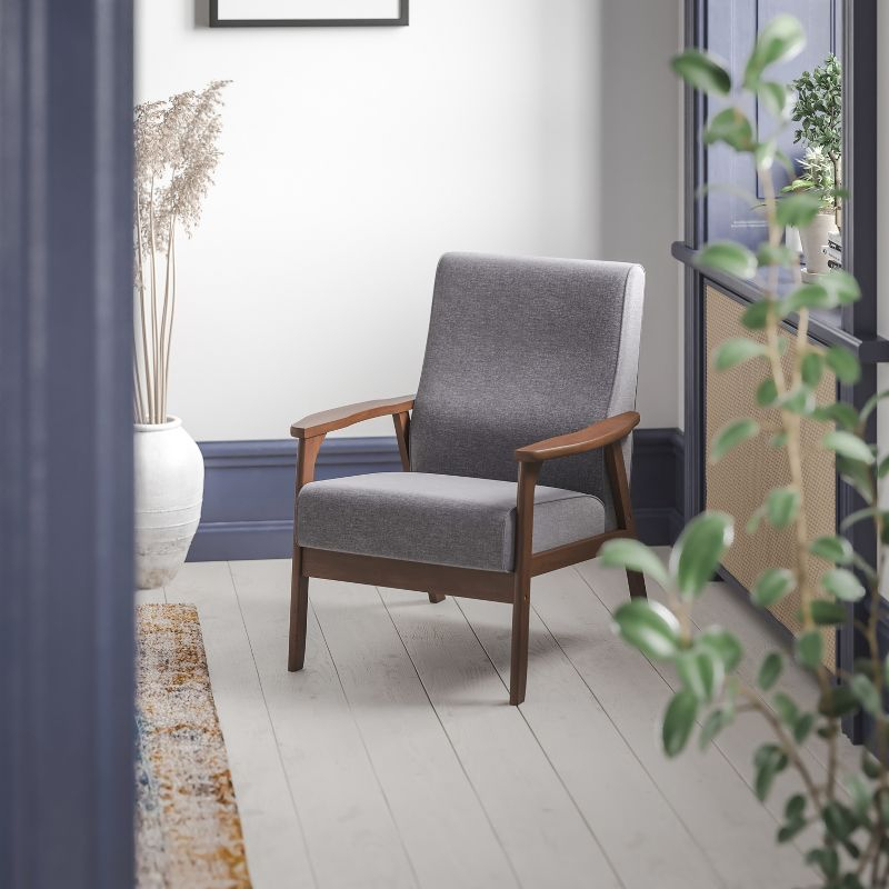 Flash Furniture Langston Commercial Grade Faux Linen Upholstered Mid Century Modern Arm Chair with Walnut Finished Wooden Frame and Arms in Gray