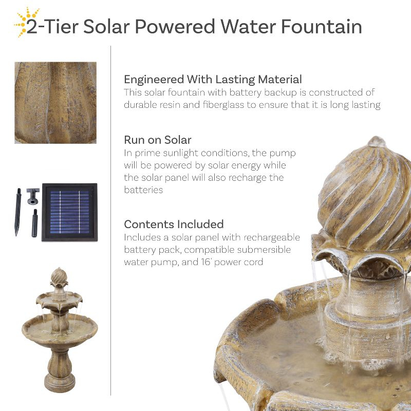 Sunnydaze Outdoor 2-Tier Solar Powered Water Fountain with Battery Backup and Submersible Pump - 35" - Earth Finish
