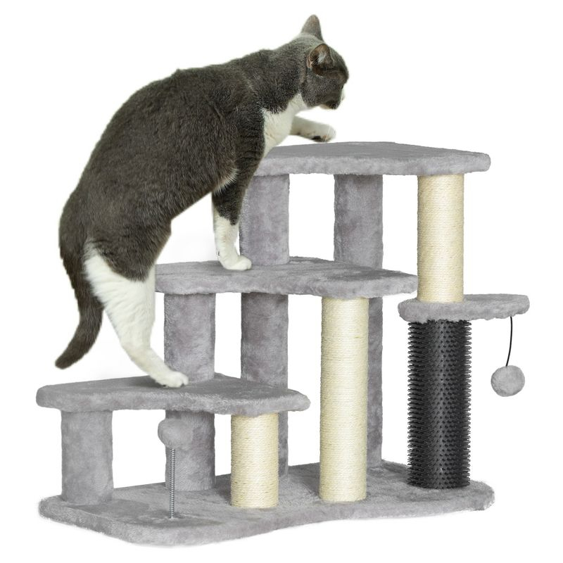 PawHut 20" Cat Tree, 2 in 1 Cat Tower 3-Step Pet Stairs with Scratching Posts, Tickling Post, Toy Balls, for High Beds, Couch, Sofa, Light Gray