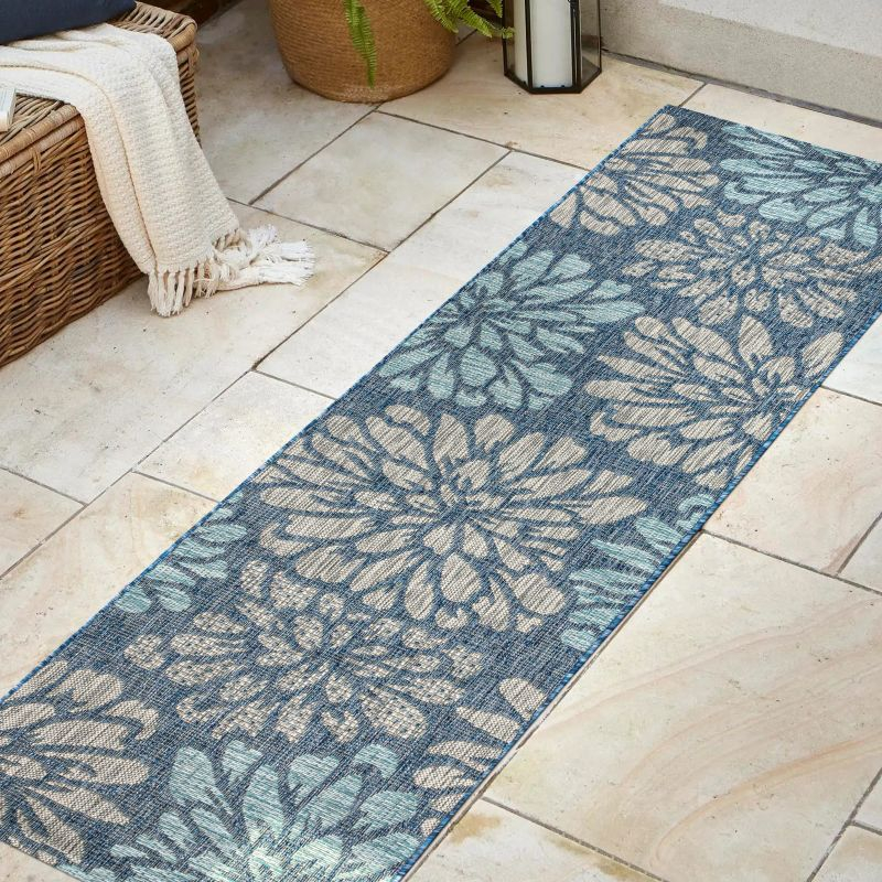JONATHAN Y Zinnia Modern Floral Textured Weave Navy/Aqua 2 ft. x 20 ft. Indoor/Outdoor Runner Rug
